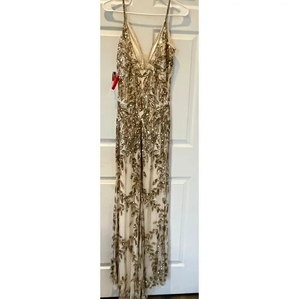 New! Mac Duggal Golden Godess Crystal Lace Trumpet Evening Gown Sz 14 NWT $698 - Picture 4 of 8